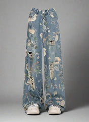 Alt Retro Floral Wide-Leg Jeans Blue Shoptery