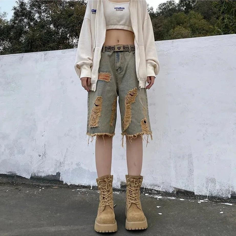 Retro Hole Denim Shorts Shoptery