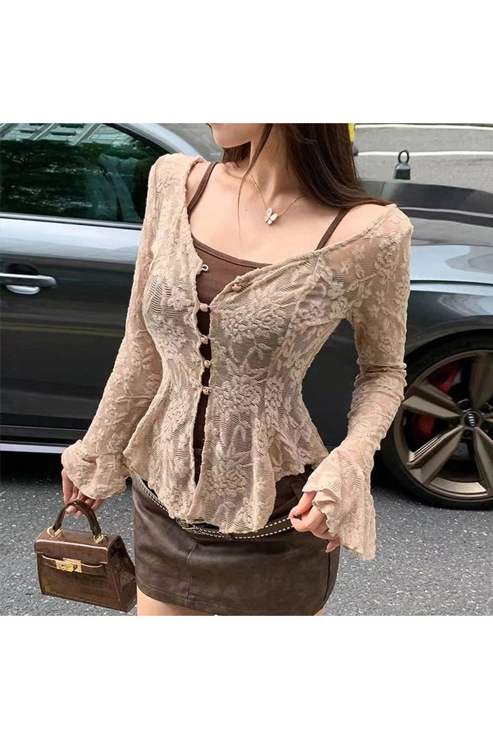 Acubi Lace Flare Sleeve Blouse Shoptery
