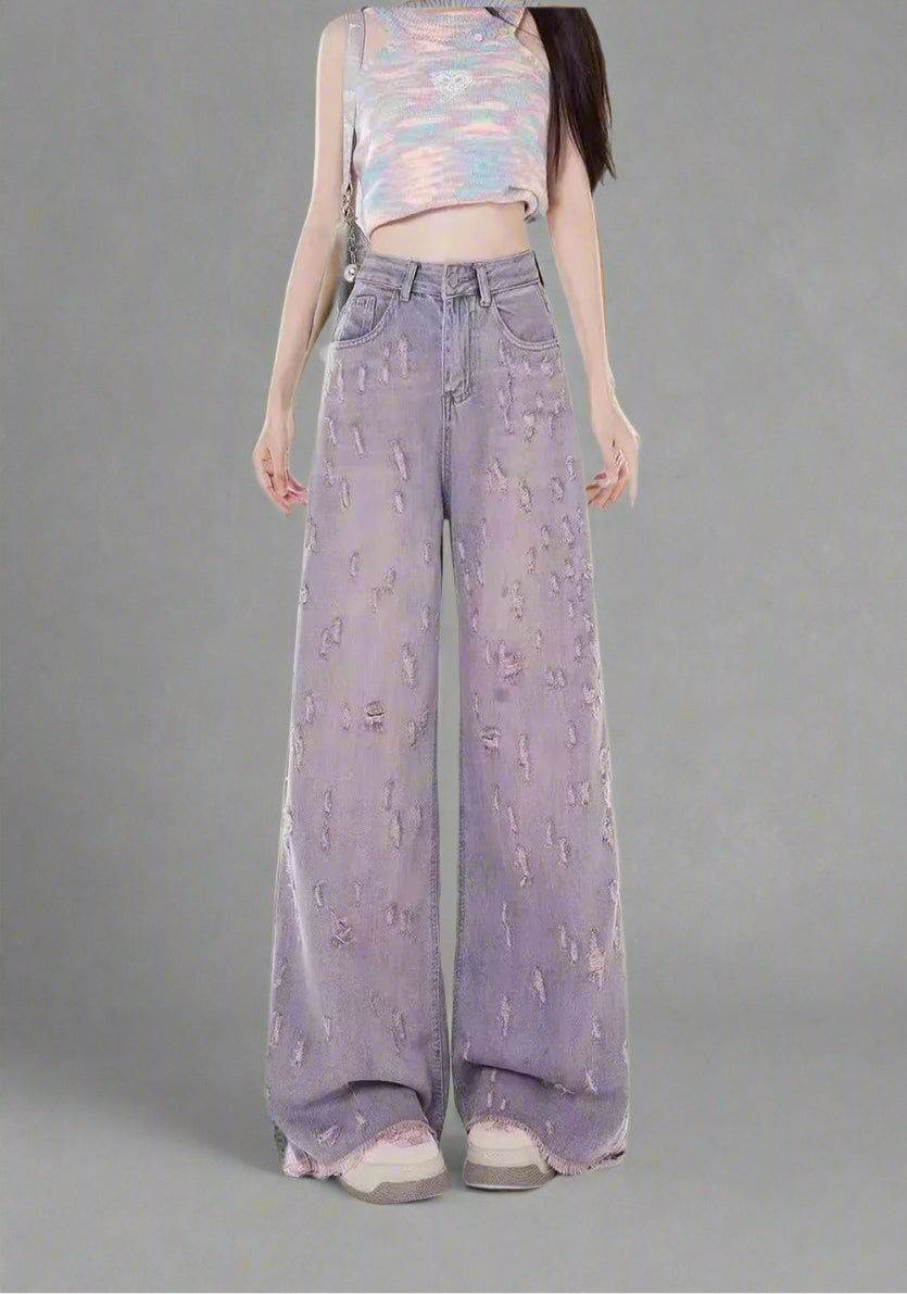 Edgy Lilac Distressed Wide-Leg Jeans PURPLE Shoptery