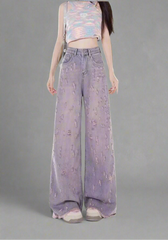 Edgy Lilac Distressed Wide-Leg Jeans PURPLE Shoptery