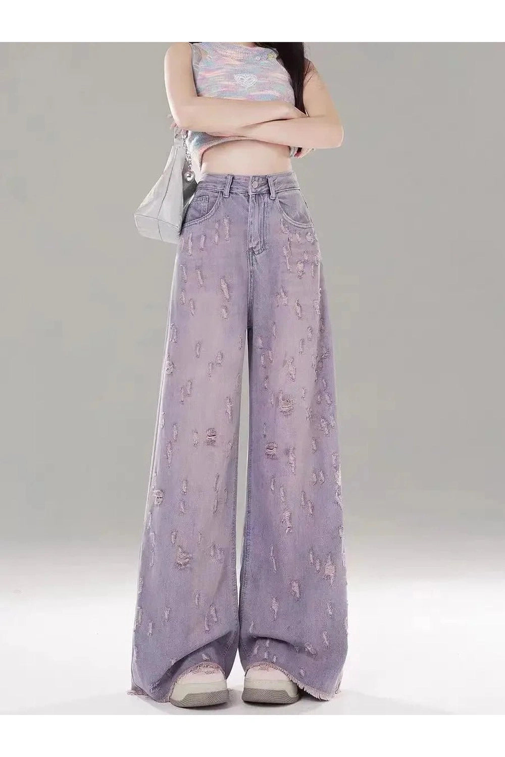 Vintage Lilac Distressed Wide - Leg Jeans - 