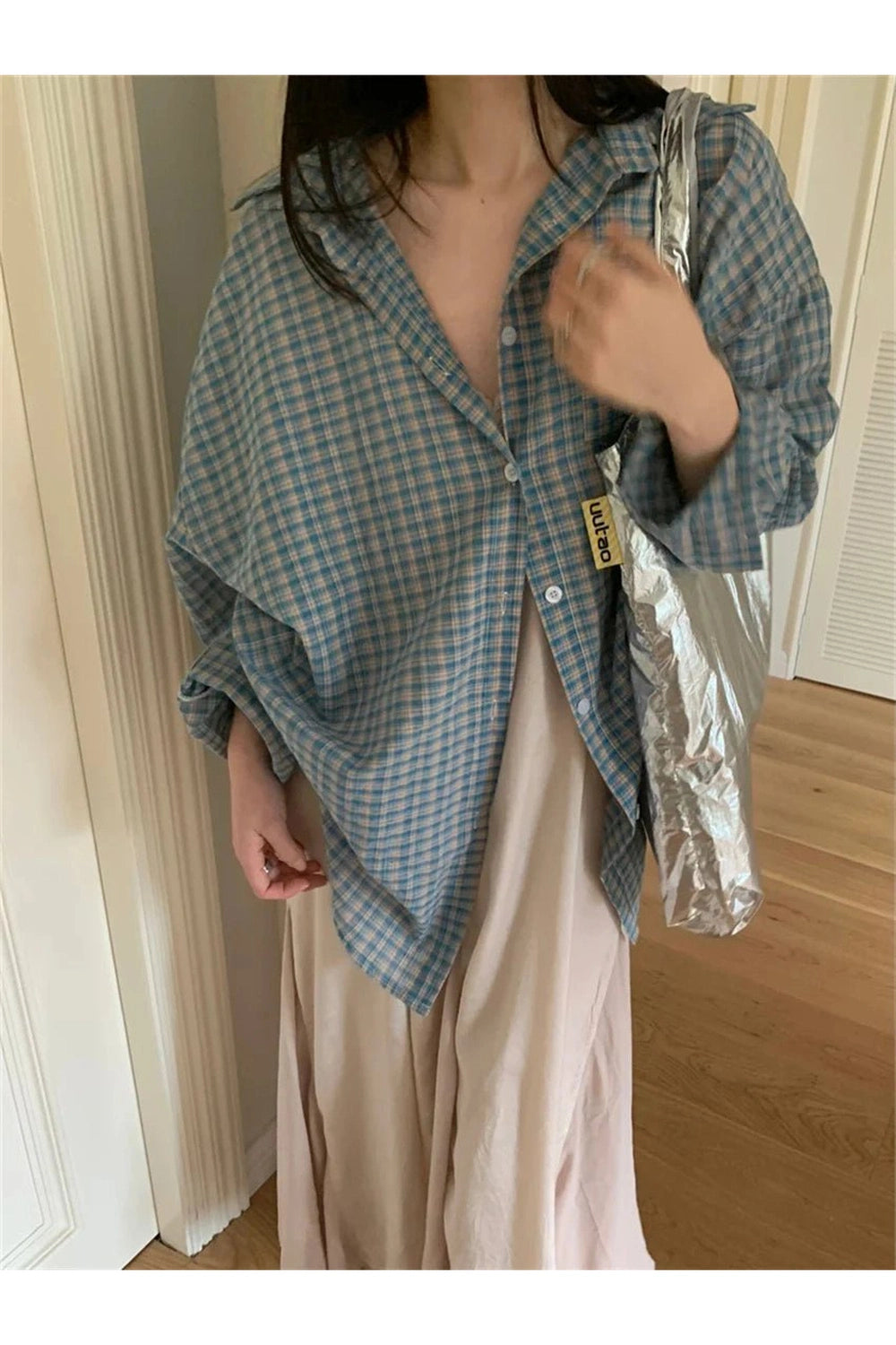 Retro Plaid Oversized Shirt photo color One Size Shoptery