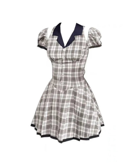 Vintage Plaid Puff Sleeve Dress - Dresses