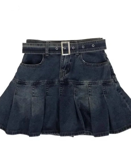 Vintage Pleated Denim Mini Skirt - Denim Skirt