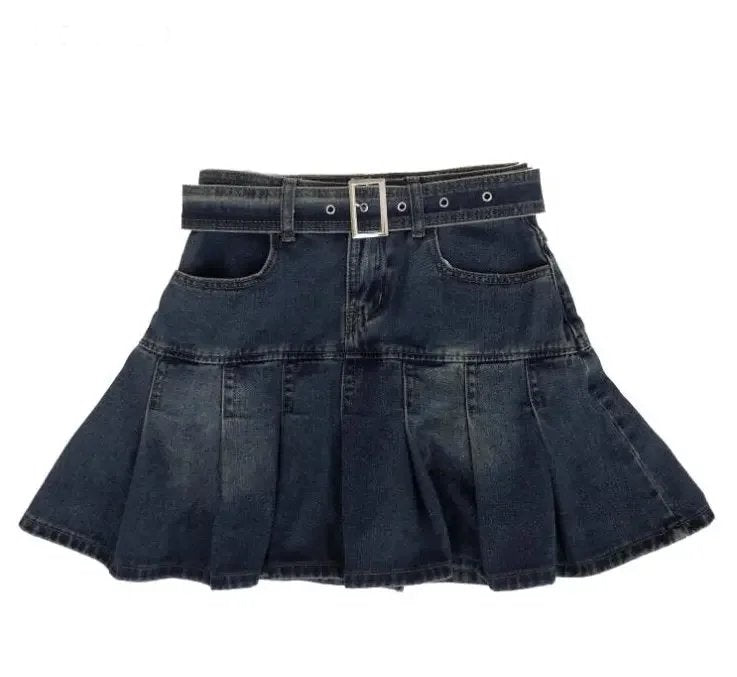 Vintage Pleated Denim Mini Skirt - Denim Skirt