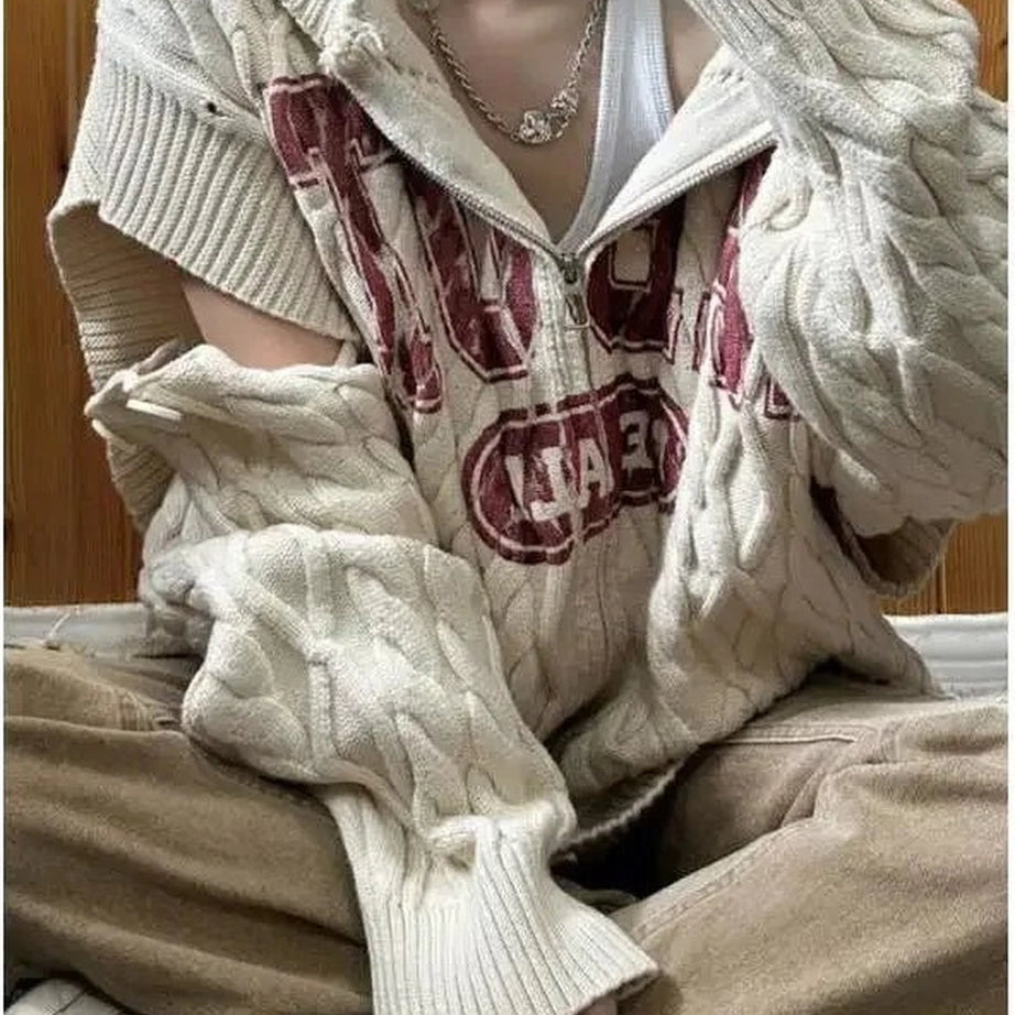 Retro Slouch Knit Zip-Up Sweater Shoptery