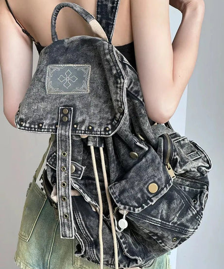 Vintage Washed Denim Backpack - Backpacks