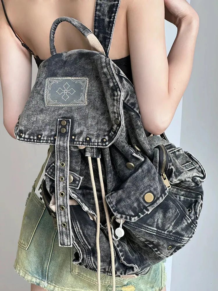 Vintage Washed Denim Backpack - Backpacks