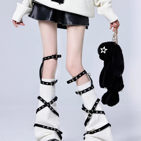 Pastel Goth Violet Chaos Strapped Leg Warmers White with Leg ring One Size Shoptery