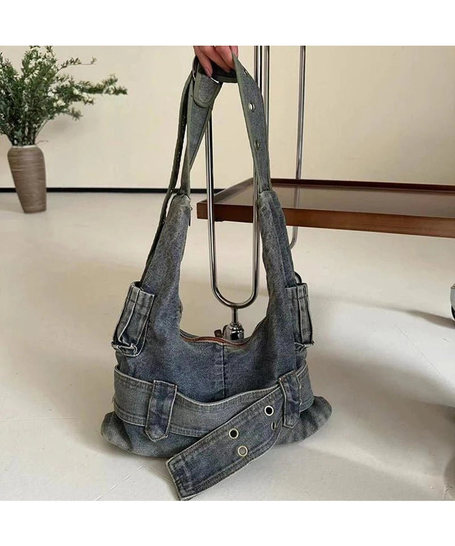 Washed Denim Buckle Shoulder Bag - 