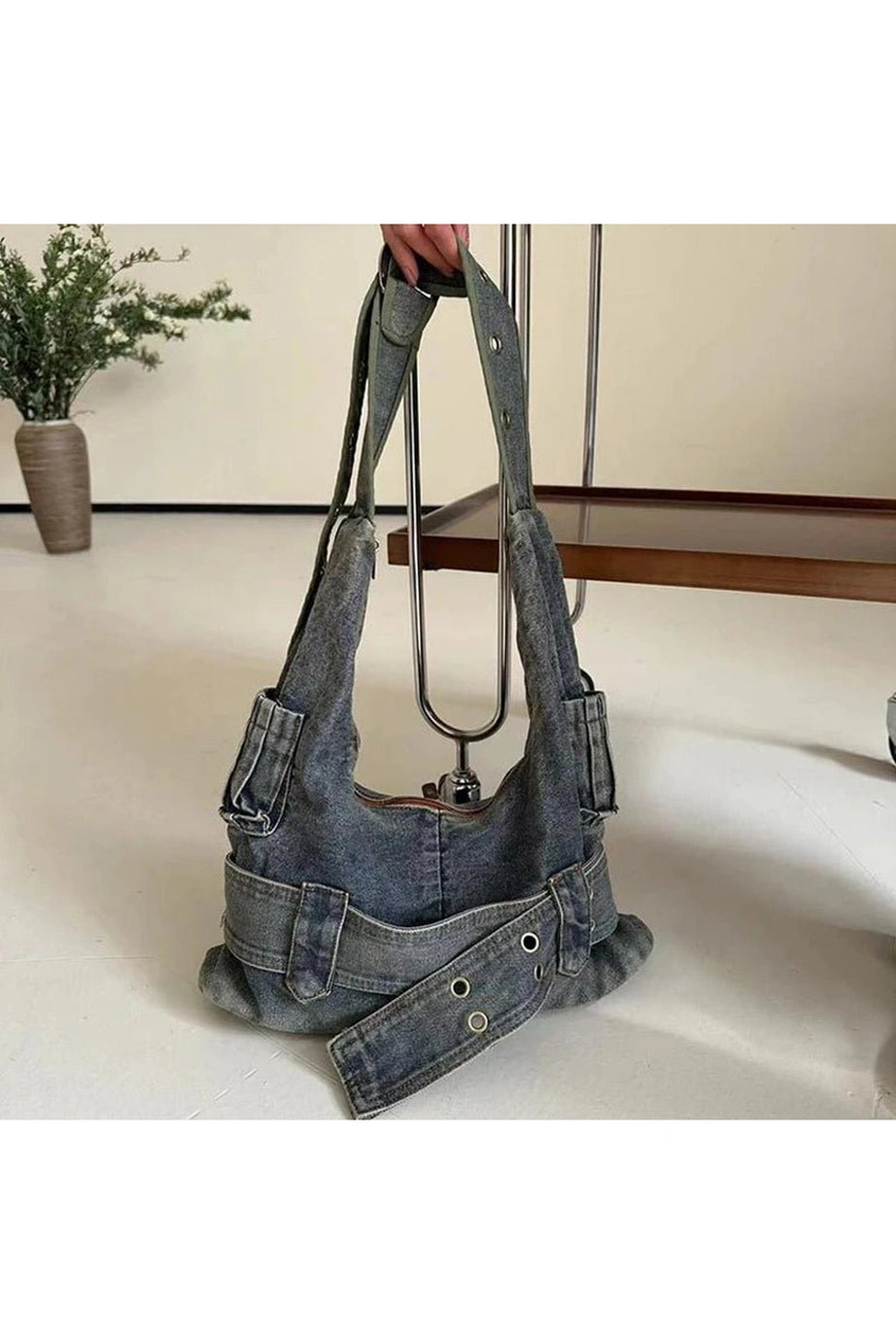 Washed Denim Buckle Shoulder Bag - 