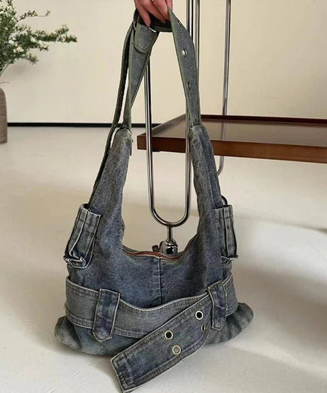 Washed Denim Buckle Shoulder Bag - 