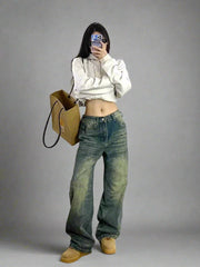 Fall Washed Y2k Low-Rise Baggy Jeans Blue Shoptery