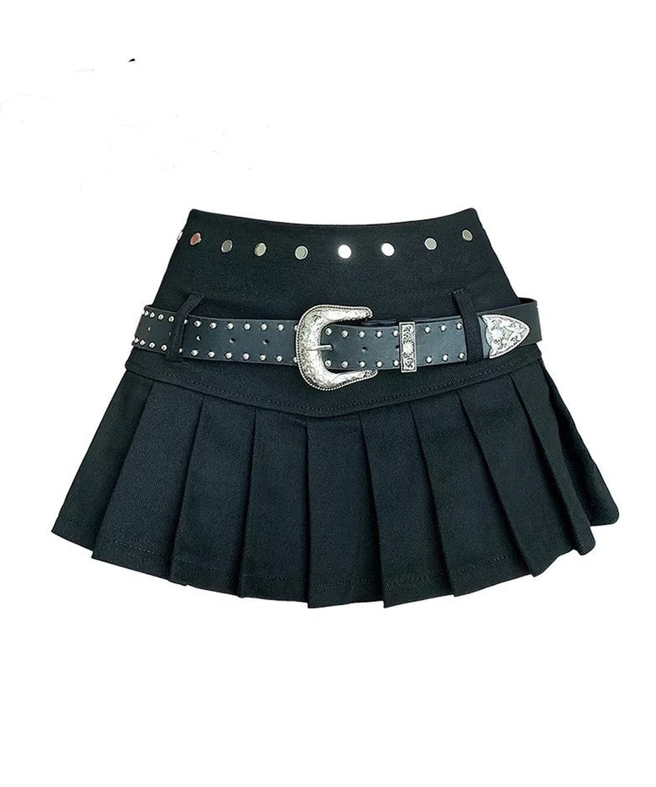 Western Buckle Pleated Mini Skirt - Skirts