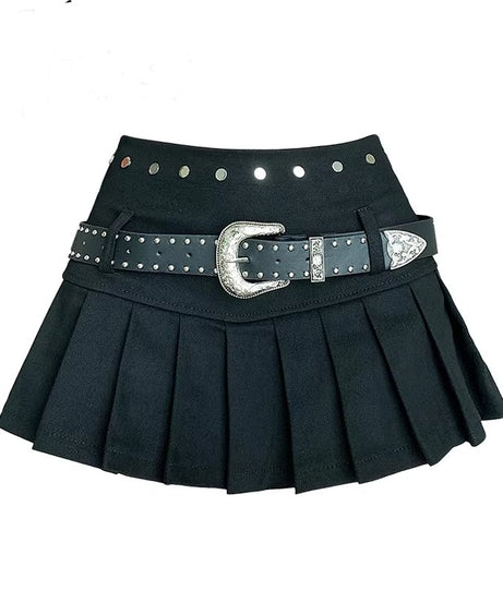 Western Buckle Pleated Mini Skirt - Skirts