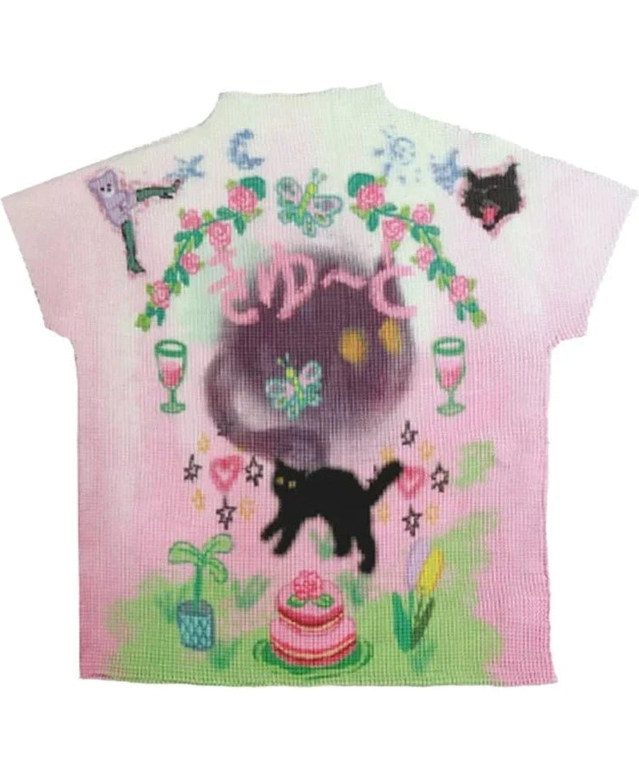 Whimsical Pastel Cat Knit T-Shirt - T-Shirts