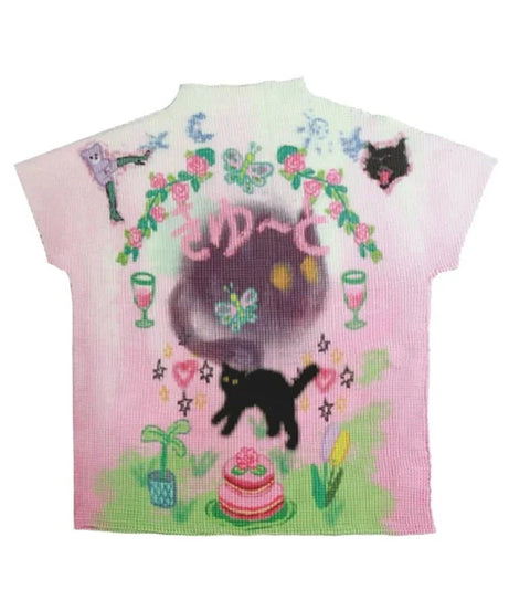 Whimsical Pastel Cat Knit T-Shirt - T-Shirts