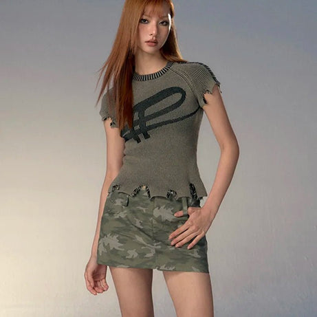 Worn Out Logo Y2k Knit Top Shoptery