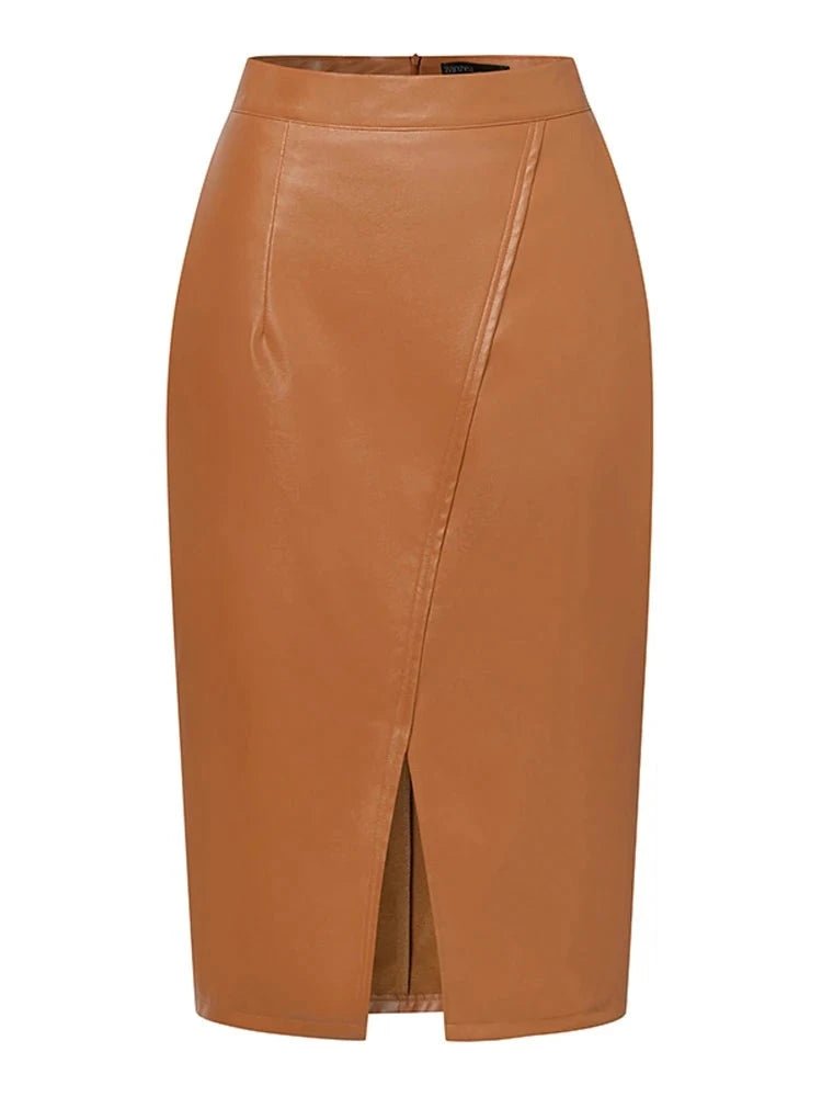 Wrap Front Leather Midi Skirt -