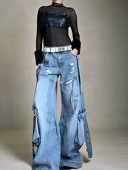 Y2K Oversized Pocket Flare Jeans Blue Shoptery