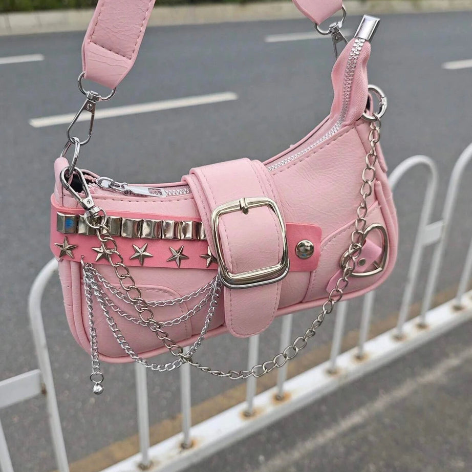 Y2K Star Studded Shoulder Bag Pink Shoptery
