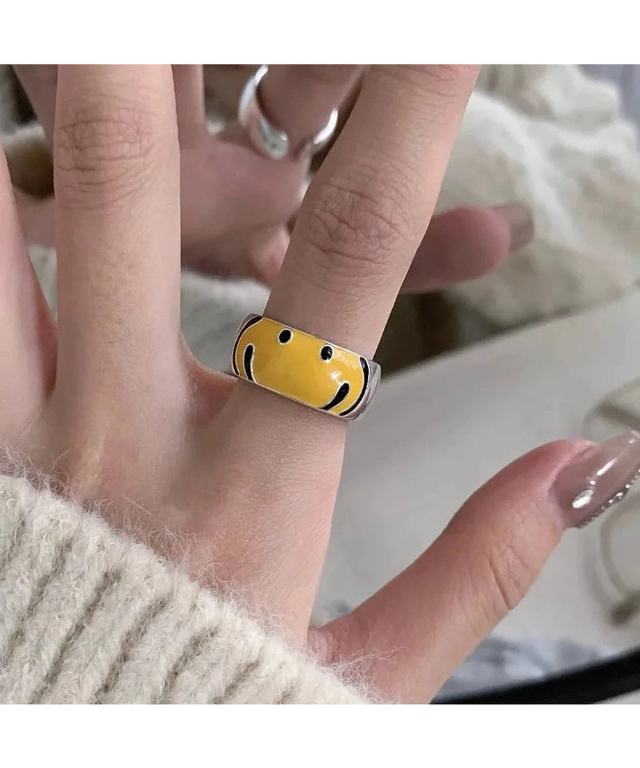 Yellow Smile Face Silver Ring - Rings