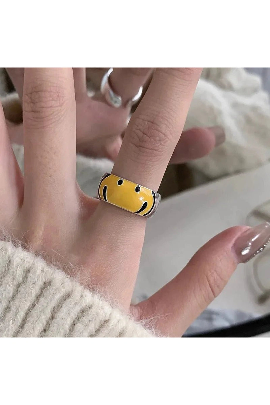 Yellow Smile Face Silver Ring - Rings