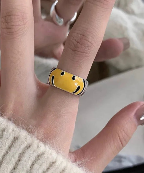 Yellow Smile Face Silver Ring - Rings