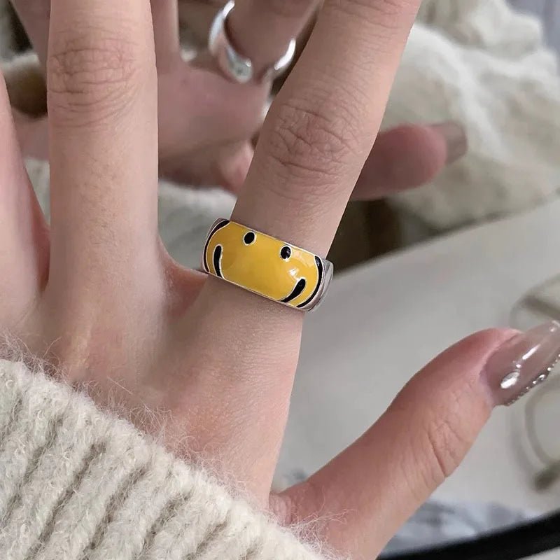 Yellow Smile Face Silver Ring - Rings