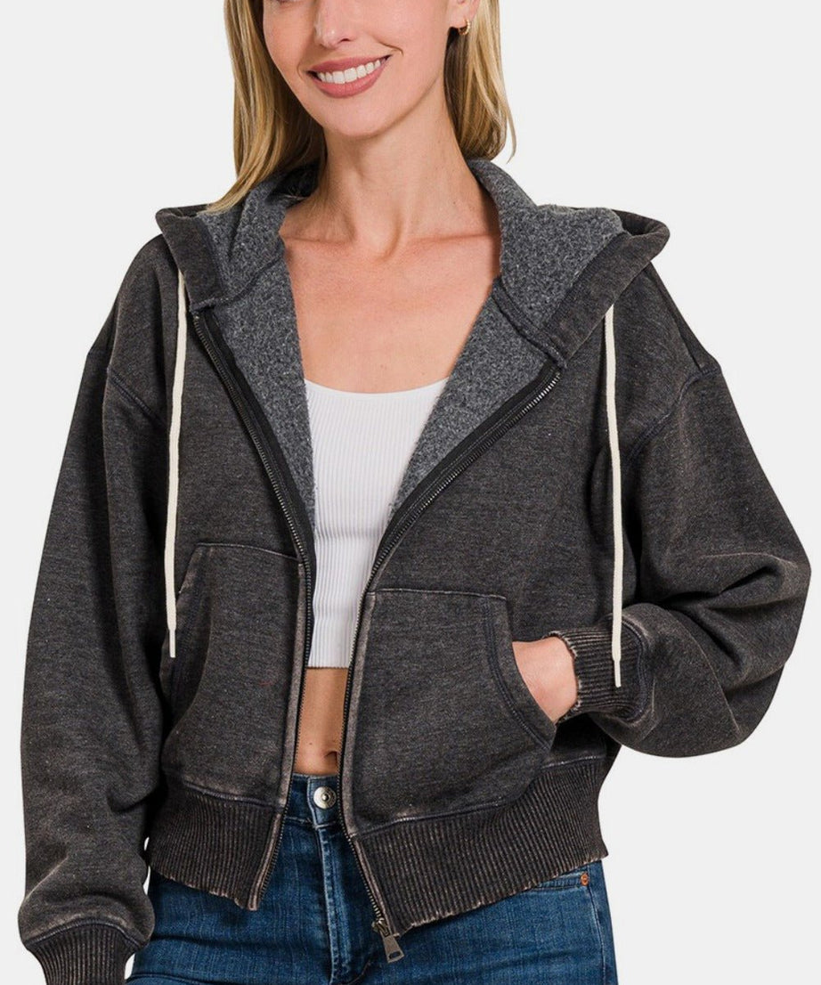 Zenana Acid Wash Fleece Zip - Up Cropped Hoodie - test