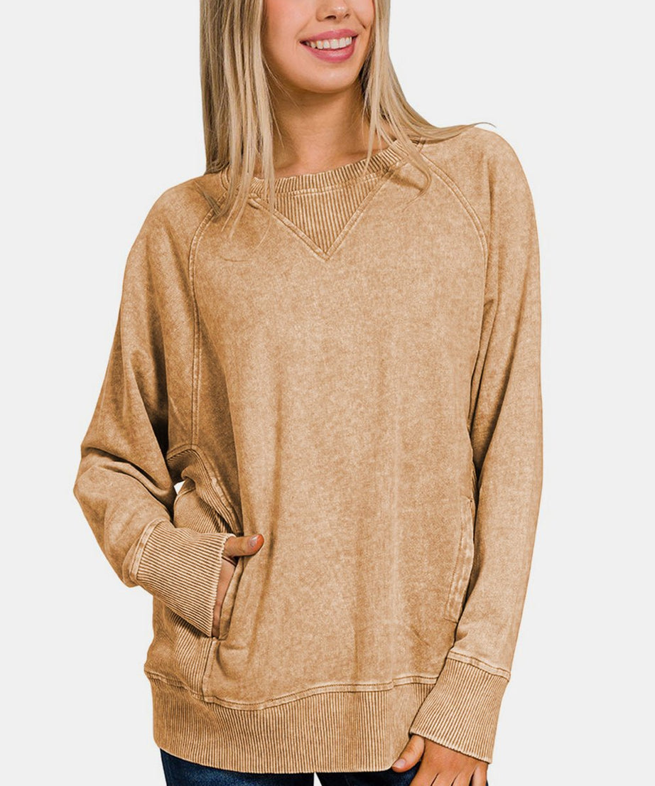 Zenana Pocketed Round Neck Sweatshirt - test