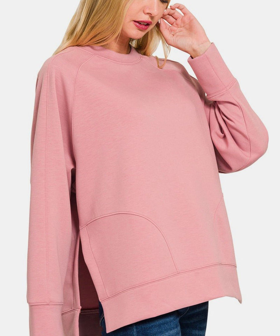 Zenana Scuba Round Neck Side Slit Sweatshirt - test