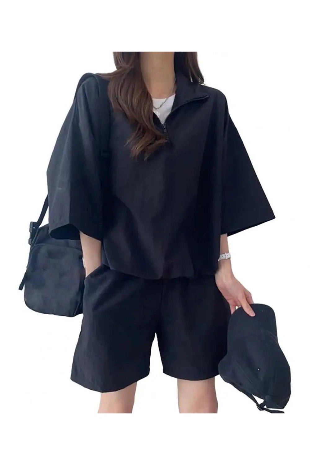 Pastel Cute Zipper Tracksuit Outfit Set Black Shoptery