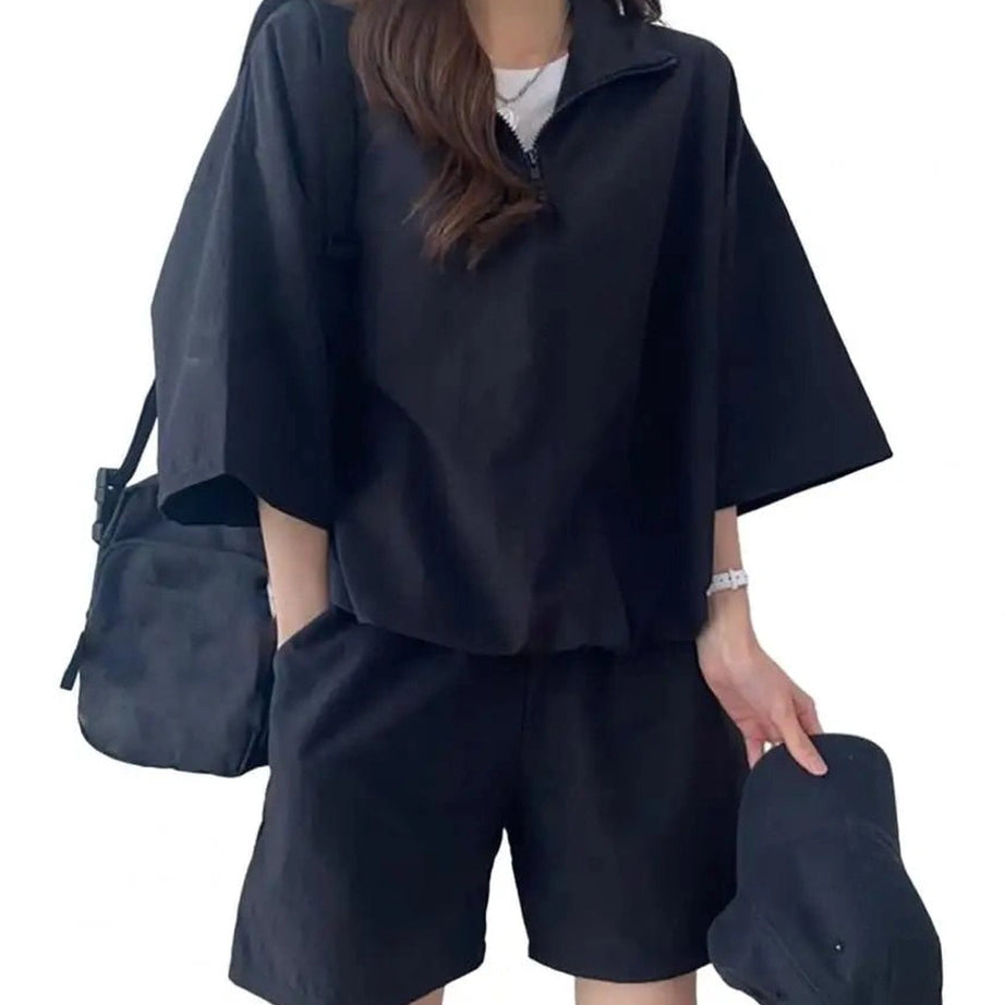 Pastel Cute Zipper Tracksuit Outfit Set Black Shoptery