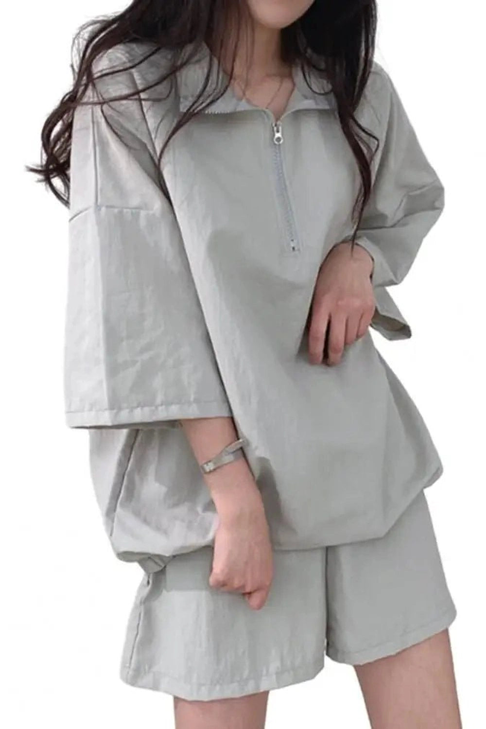 Pastel Cute Zipper Tracksuit Outfit Set Grey Shoptery