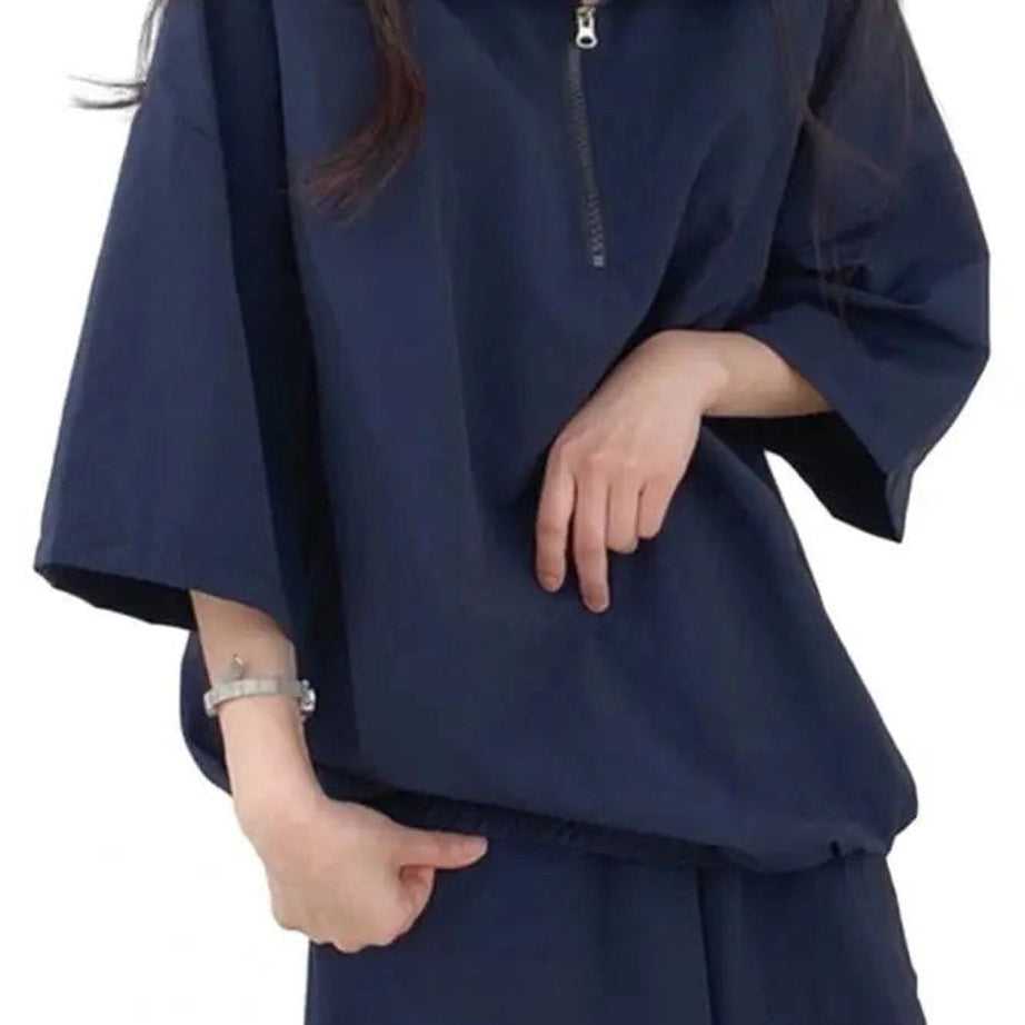 Pastel Cute Zipper Tracksuit Outfit Set Navy Blue Shoptery