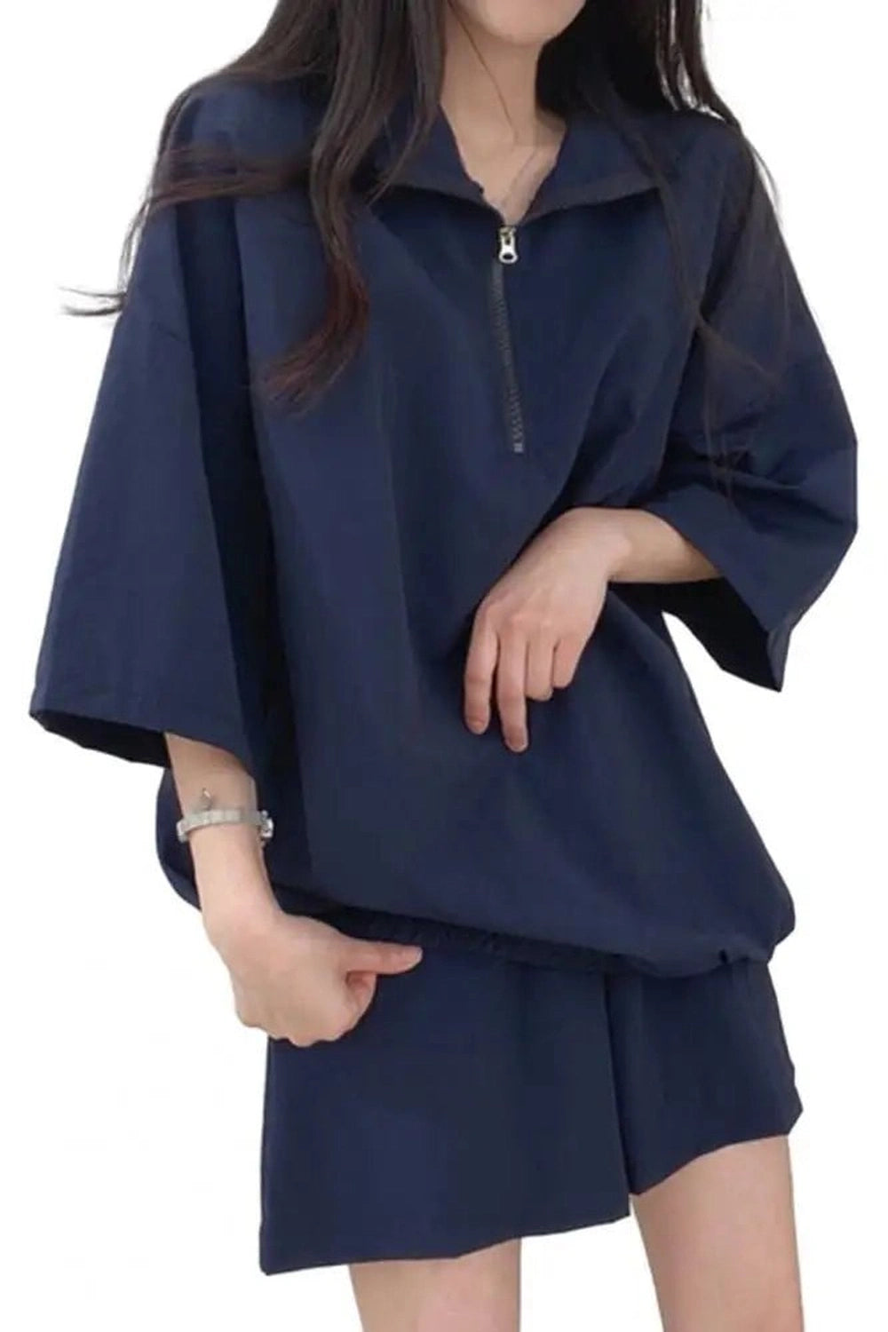 Pastel Cute Zipper Tracksuit Outfit Set Navy Blue Shoptery