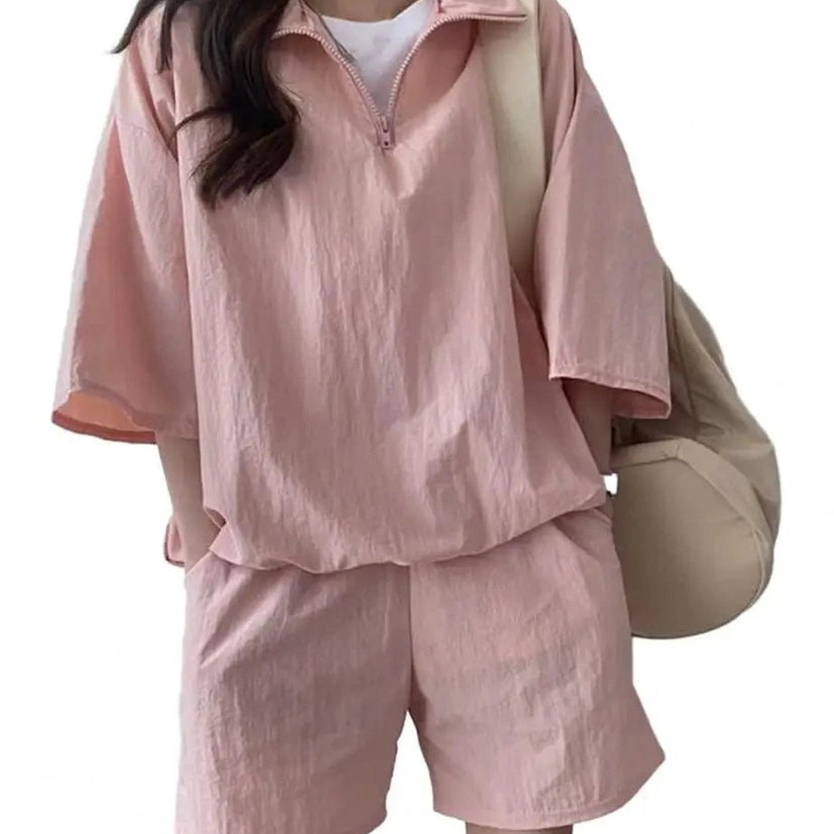 Pastel Cute Zipper Tracksuit Outfit Set Pink Shoptery