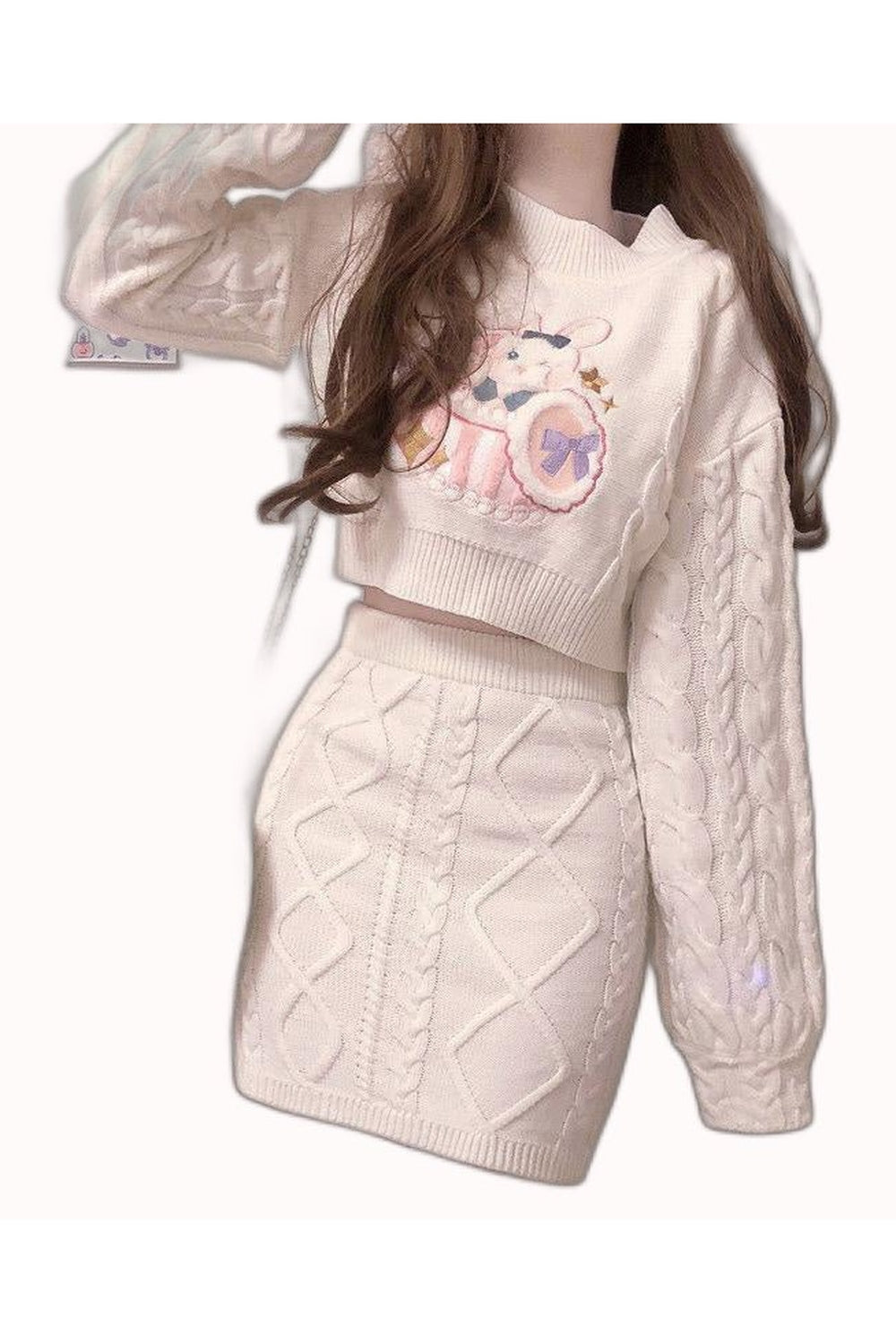 2 Set Cute Rabbit Embroidery Kintted Sweater & Skirt - Outfit Sets