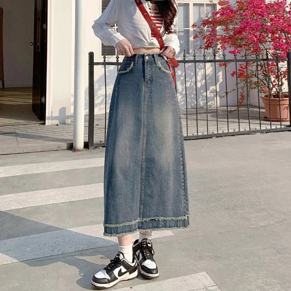 90s High Waist Jean Skirt Blue Shoptery