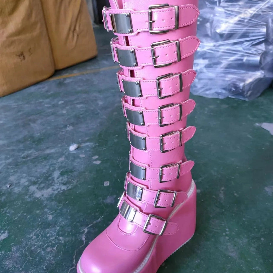 Alt Heart Buckle Knee Boots Pink Shoptery