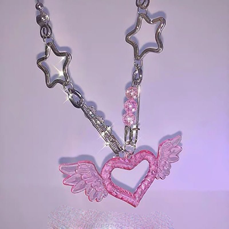 Alt Style Acrylic Pink Heart Pendant - Necklaces