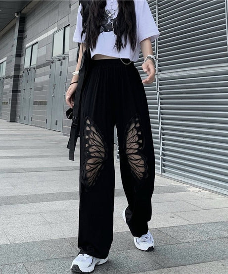 Alt Style Black Butterfly Loose Pants - Pants