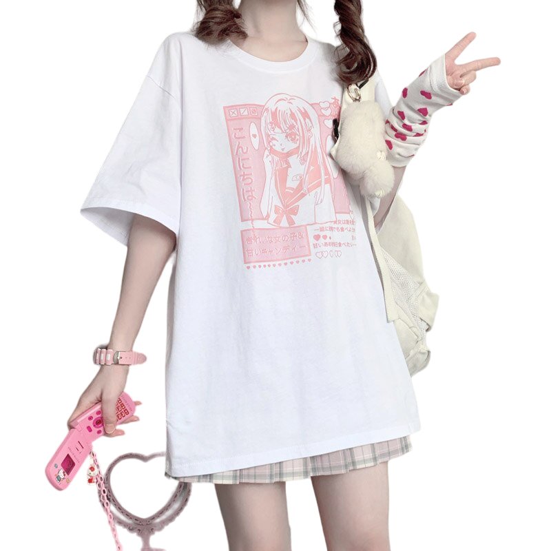 Anime Pastel Pink Print T-shirt - T-shirts