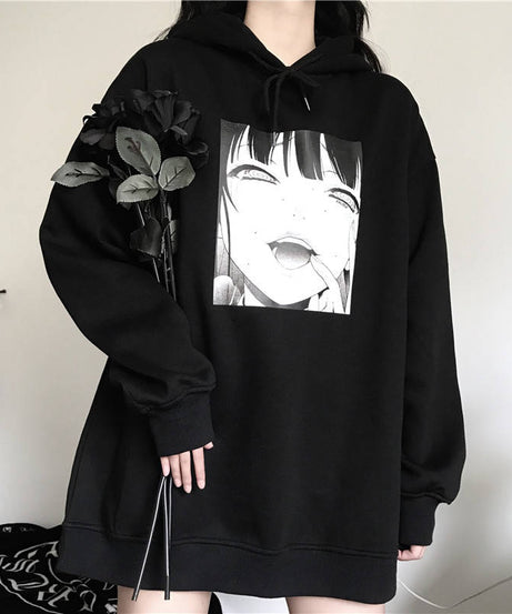 Anime Print Black & White Hoodie - Hoodies