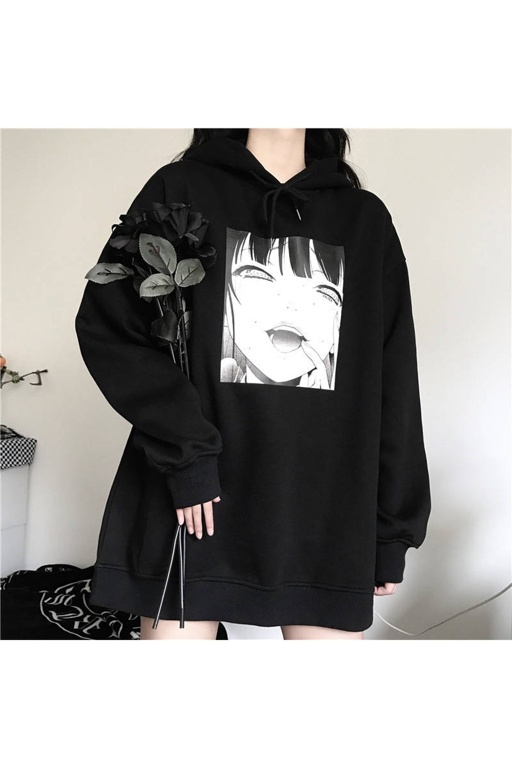 Anime Print Black & White Hoodie - Hoodies