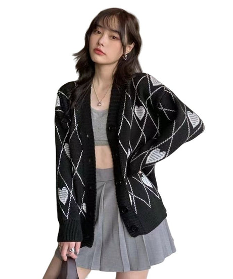 Argyle Heart Knitted Cardigan - Cardigans