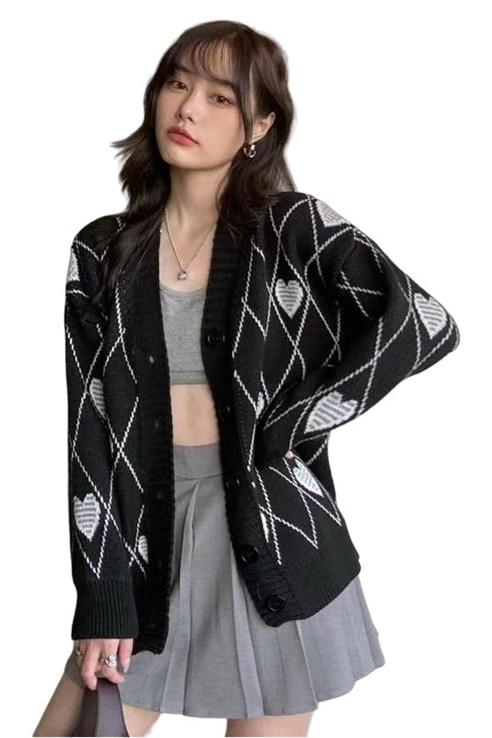 Argyle Heart Knitted Cardigan - Cardigans