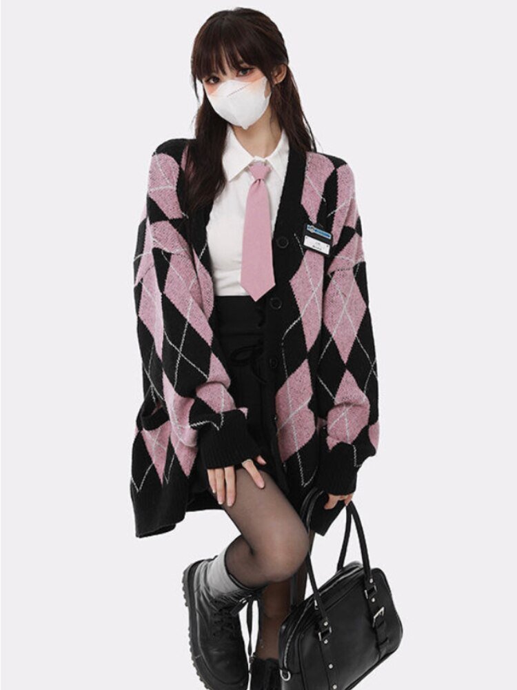 Argyle Pink Cardigan Sweater - Cardigans